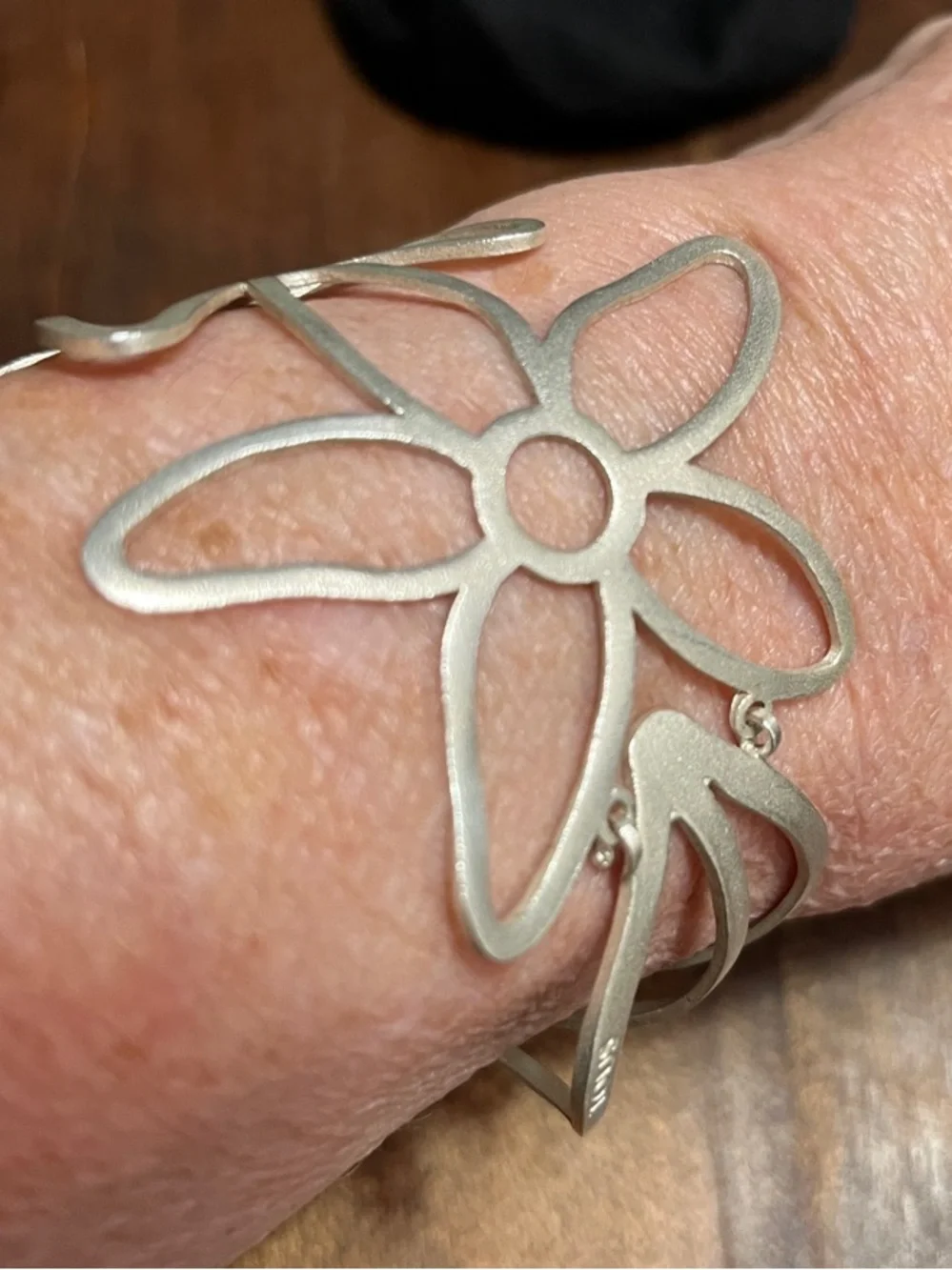 Tous Silver Floral Cutout Cuff Bracelet with Pink Accent